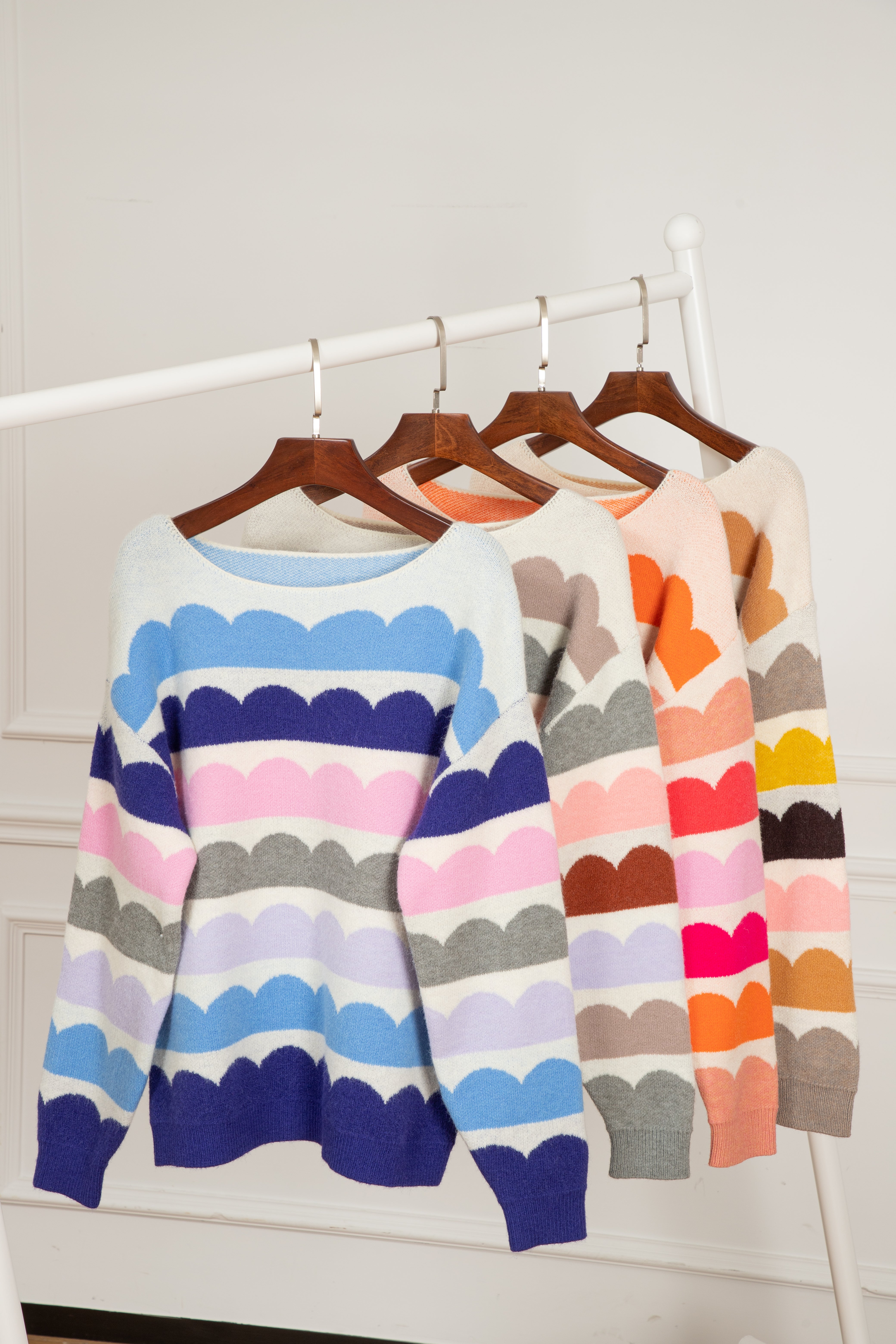 Gray Wave Striped Balloon Sleeve Drop Shoulder Sweater Sweaters JT's Designer Fashion