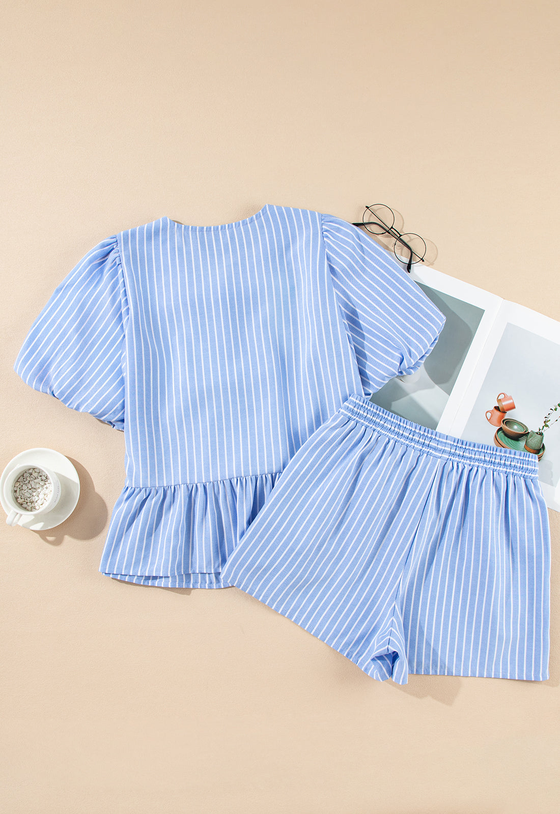 Sky Blue Striped Bowknot Detail Puffy Sleeve Top and Shorts 2Pcs Set Short Sets JT's Designer Fashion