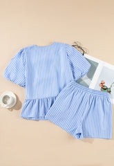 Sky Blue Striped Bowknot Detail Puffy Sleeve Top and Shorts 2Pcs Set Short Sets JT's Designer Fashion