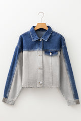 Dusk Blue Color Block Patchwork Flap Detail Distress Denim Jacket Denim Jackets JT's Designer Fashion