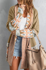Khaki Aztec Print Open Front Knitted Cardigan Sweaters & Cardigans JT's Designer Fashion