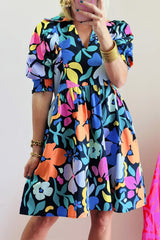 Blue Collared Split Neck Floral Flared Dress Blue 100%Cotton Floral Dresses JT's Designer Fashion