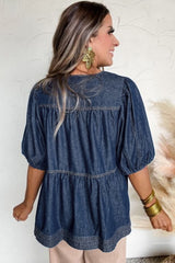Sail Blue Puff Sleeve Lace-up Neckline Splicing Denim Blouse Blouses & Shirts JT's Designer Fashion