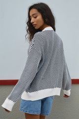 Black Stripe Buttoned Front V Neck Herringbone Cardigan Cardigans JT's Designer Fashion