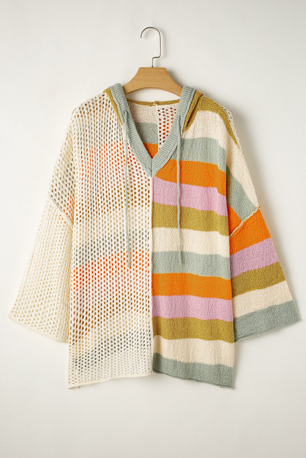 Beige Pointelle Knit Colorblock Patchwork V Neck Hooded Plus Sweater Plus Size Sweaters & Cardigans JT's Designer Fashion