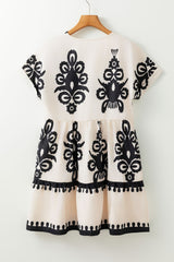 Black Vintage Print V Neck High Waist Short Sleeve Dress Mini Dresses JT's Designer Fashion