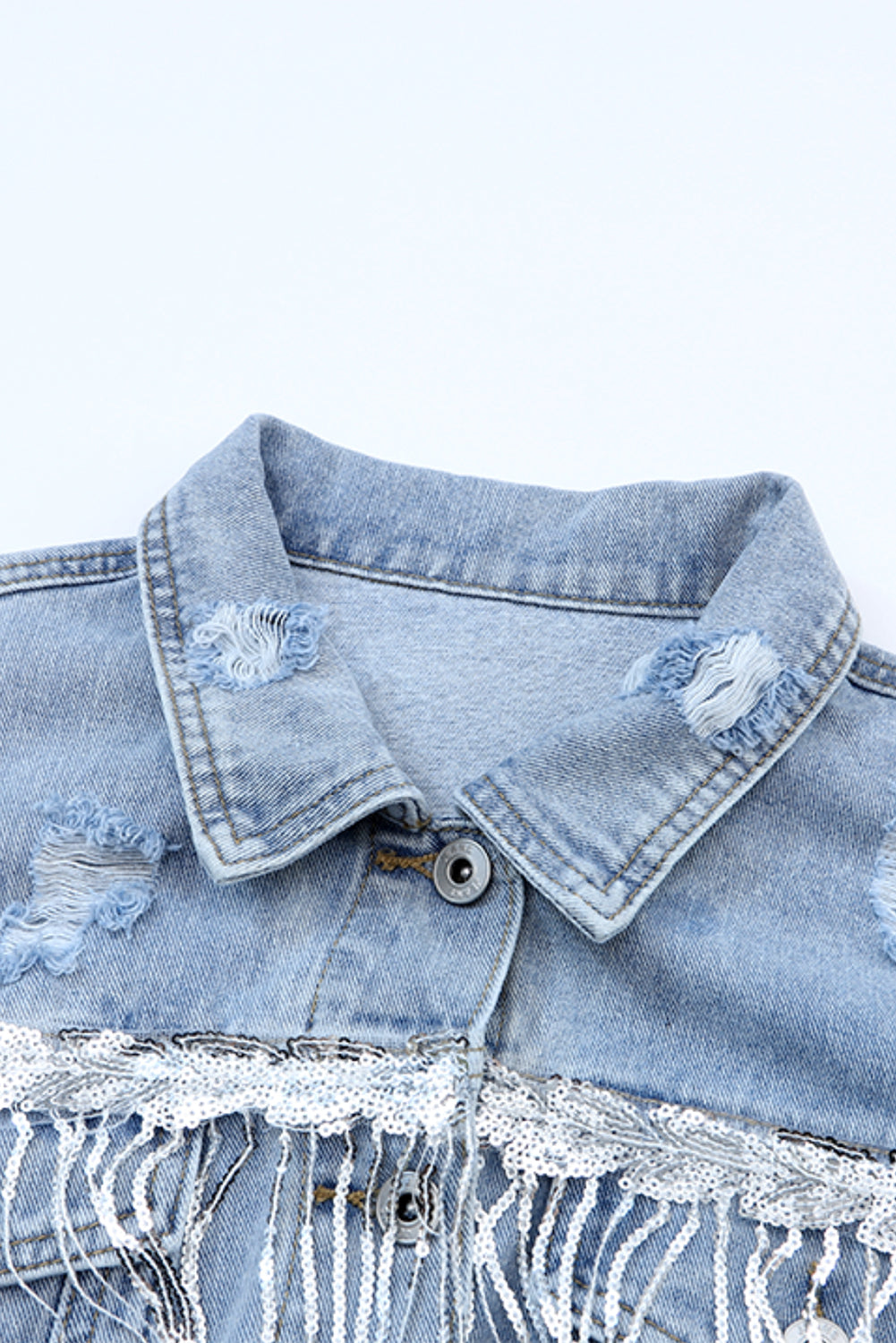 Sky Blue Sequin Embellished Fringe Distressed Denim Jacket Denim Jackets JT's Designer Fashion