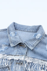Sky Blue Sequin Embellished Fringe Distressed Denim Jacket Denim Jackets JT's Designer Fashion