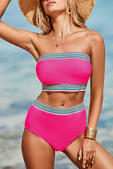Rose Red Contrast Banding Tube Bikini High Waist 2pcs Swimsuit Rose Red 82%Polyamide+18%Elastane High Waisted Swimsuit JT's Designer Fashion