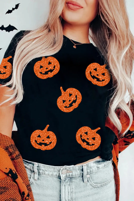 Black Glittering Pumpkin Face Graphic Crewneck Halloween T Shirt Graphic Tees JT's Designer Fashion