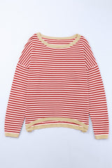 Fiery Red Contrast Trimmed Striped Drop Shoulder Sweater Sweaters JT's Designer Fashion