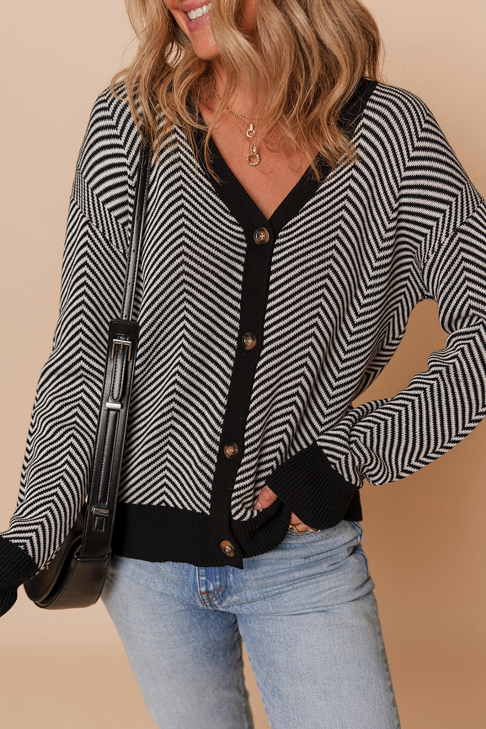 White Stripe Buttoned Front V Neck Herringbone Cardigan White Stripe 100%Cotton Cardigans JT's Designer Fashion