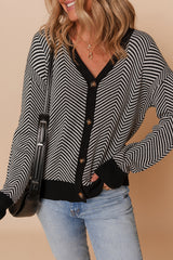 White Stripe Buttoned Front V Neck Herringbone Cardigan White Stripe 100%Cotton Cardigans JT's Designer Fashion
