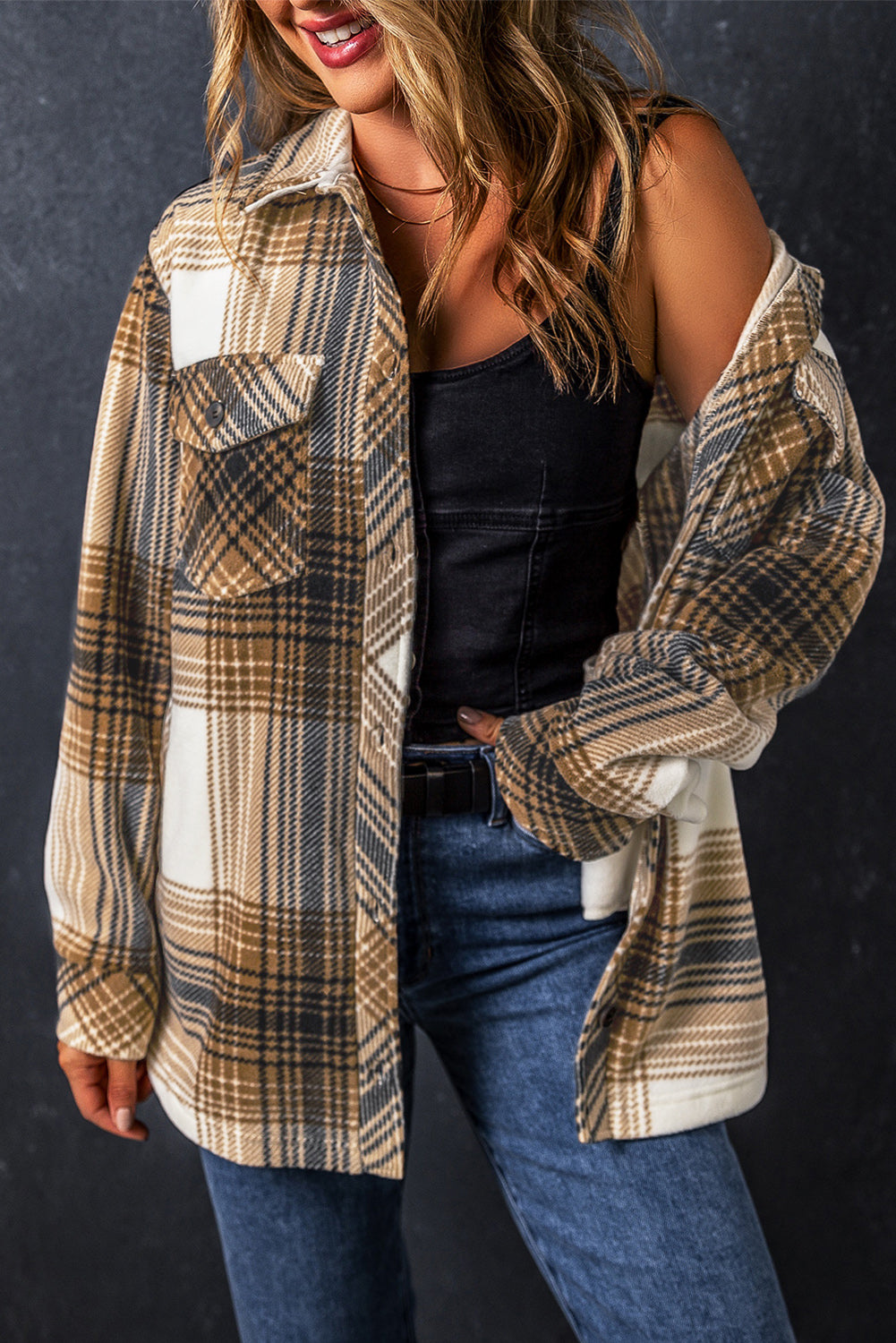 Multicolour Plaid Print Flap Pocket Button Up Shacket Plaid Shackets JT's Designer Fashion