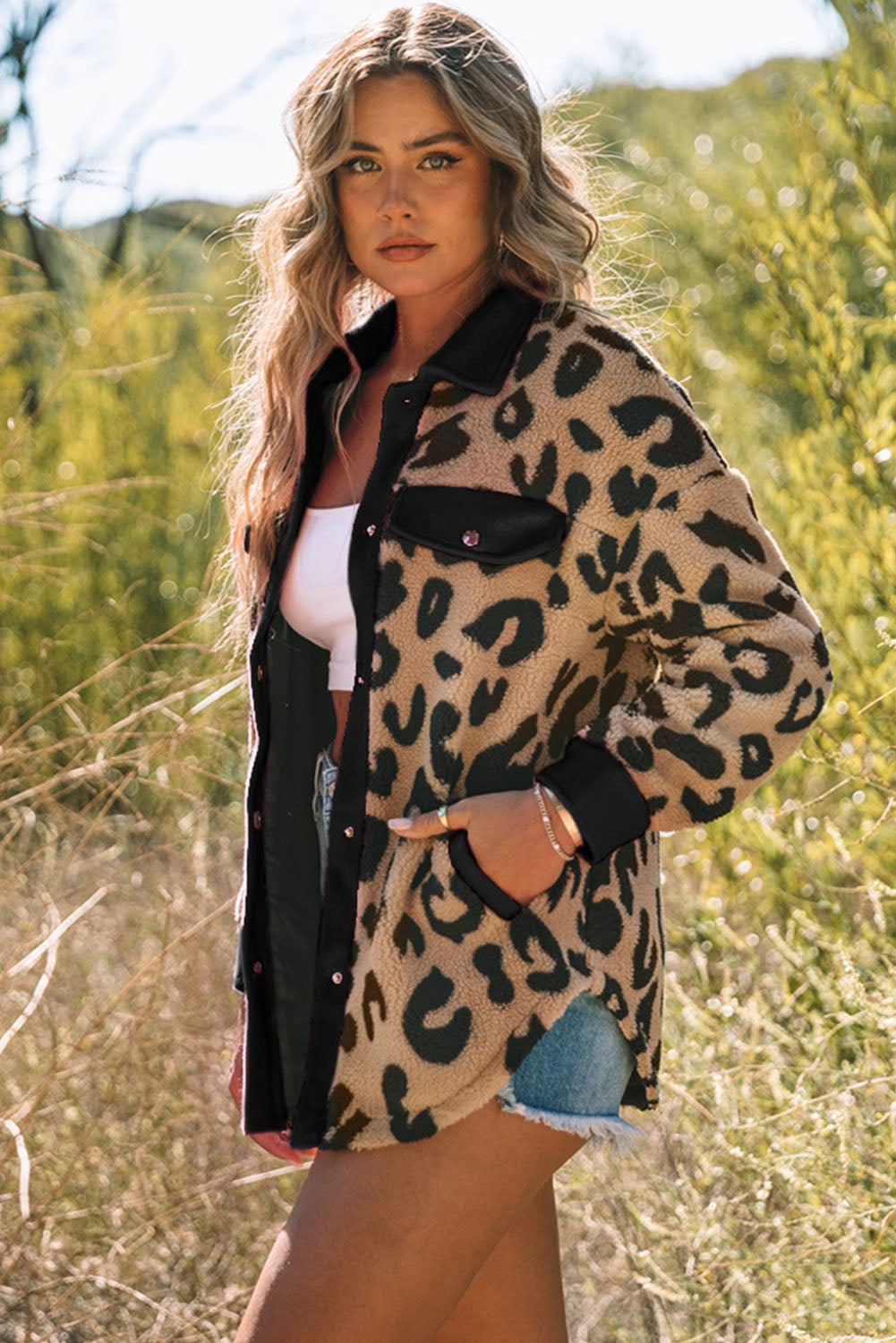 Black Contrast Trimmed Leopard Teddy Shacket Jackets JT's Designer Fashion