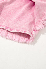 Pink Washed Wide Smocked Waistband Frayed Denim Shorts Denim Shorts JT's Designer Fashion
