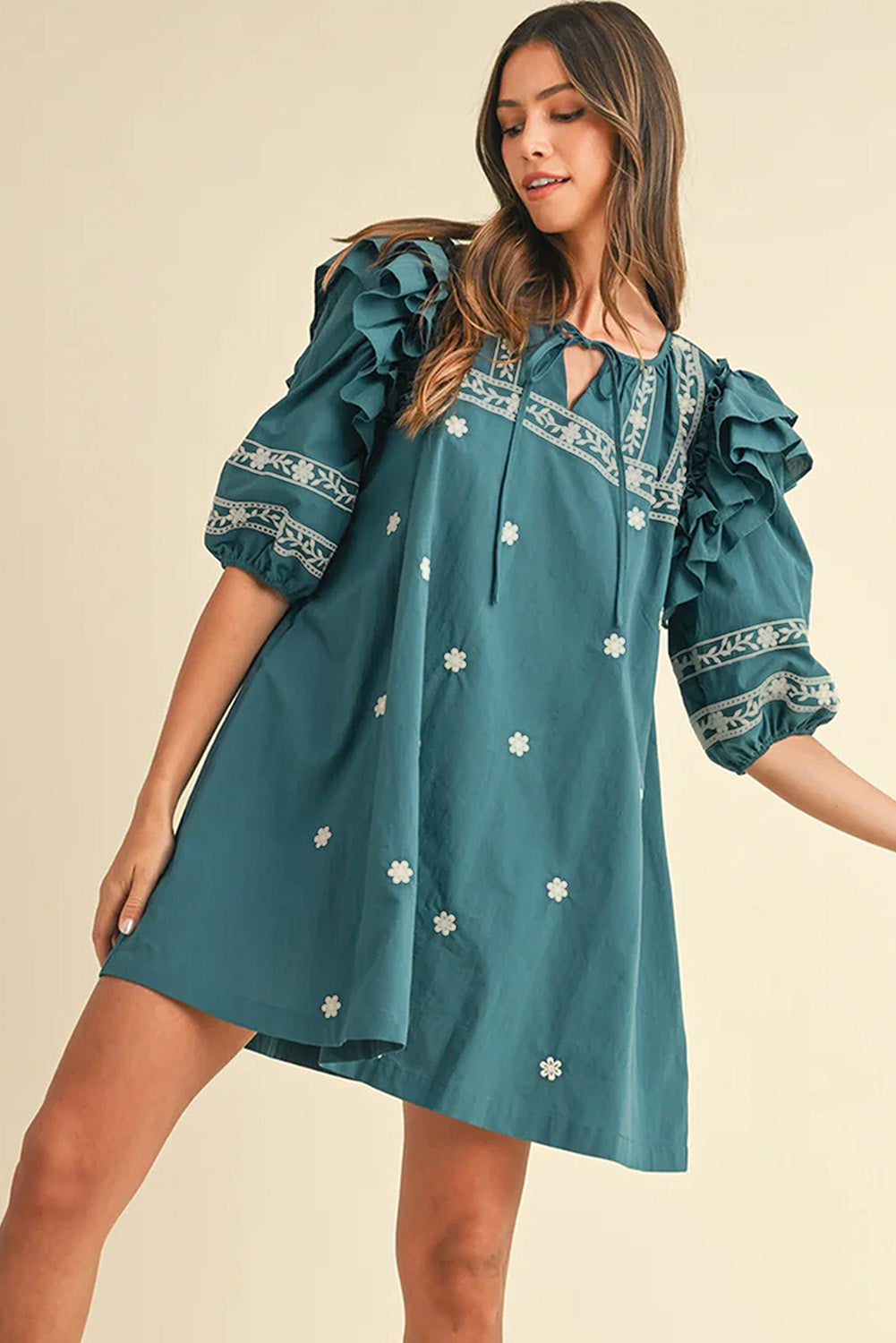 Skobeloff Boho Floral Ruffle Puff Sleeve Lace-up V Neck Mini Dress Floral Dresses JT's Designer Fashion