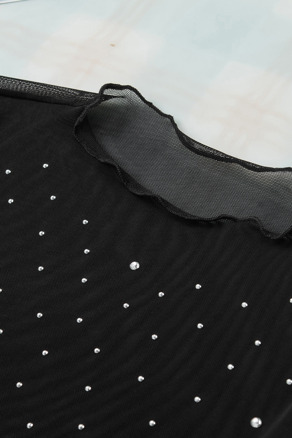 Black Rhinestone Sheer Mesh Slim Fit Long Sleeve Top Long Sleeve Tops JT's Designer Fashion