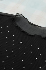Black Rhinestone Sheer Mesh Slim Fit Long Sleeve Top Long Sleeve Tops JT's Designer Fashion