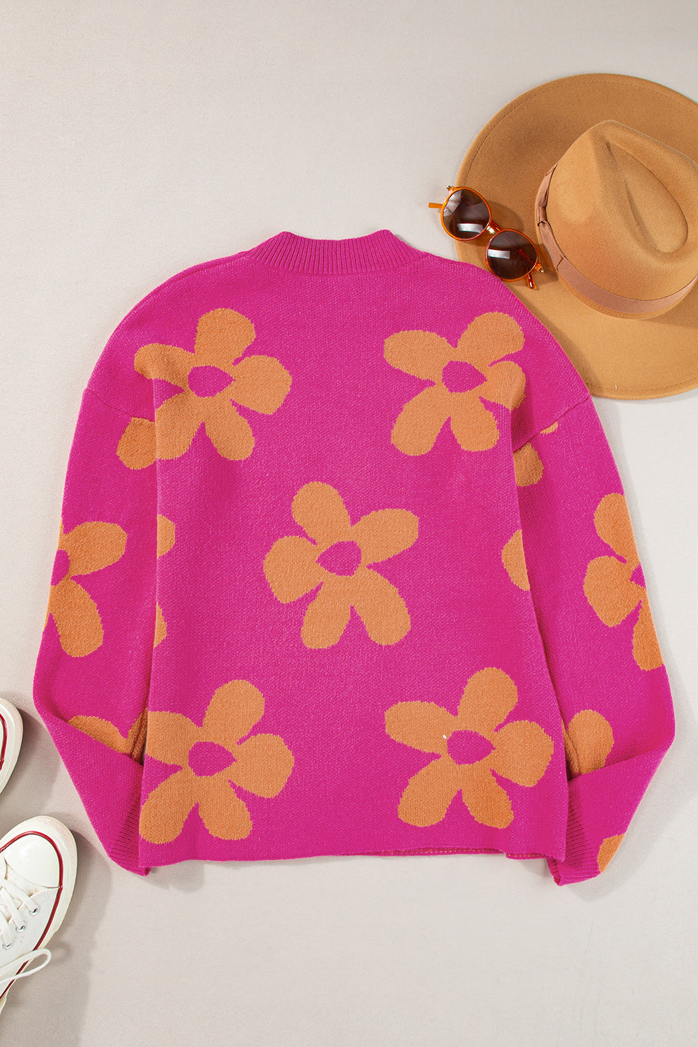 Rose Big Flower Pattern Mock Neck Long Sleeve Sweater Sweaters JT's Designer Fashion