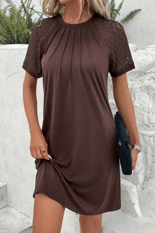 Dark Brown Contrast Lace Raglan Sleeve Pleated Detail Shift Dress Dark Brown 65%Polyester+30%Viscose+5%Elastane T Shirt Dresses JT's Designer Fashion