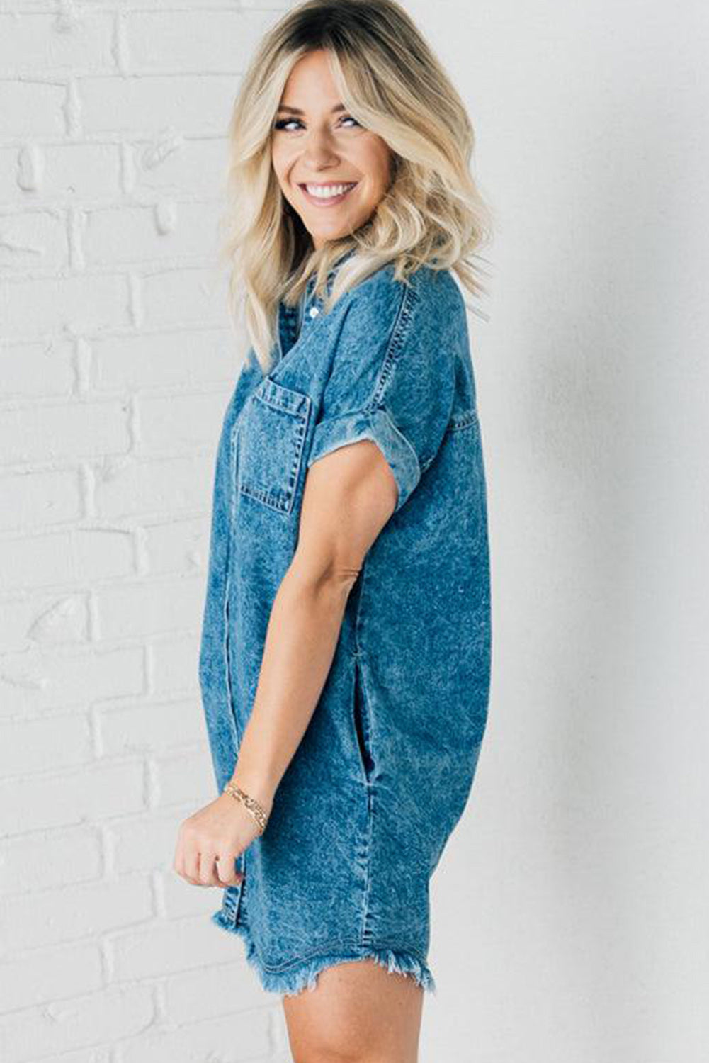 Blue Mineral Wash Cuffed Sleeve Frayed Hem Denim Dress Dresses JT's Designer Fashion