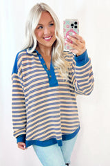 Blue Stripe Buttoned V Neck Collared Drop Shoulder Top Long Sleeve Tops JT's Designer Fashion