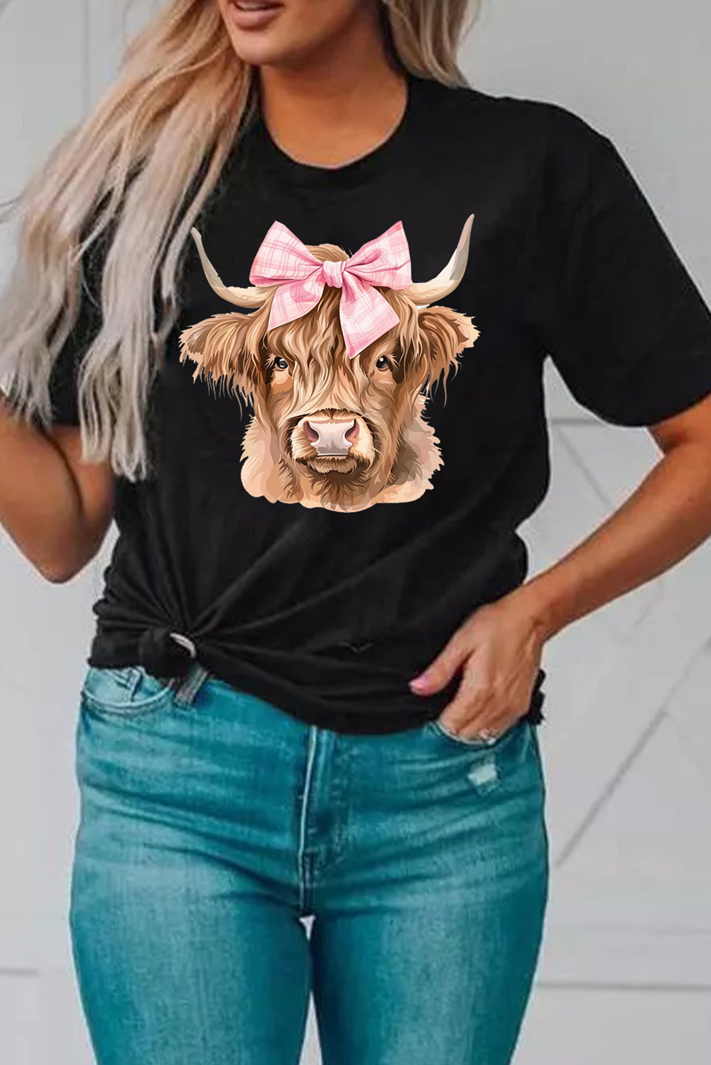 Black Bow Cow Head Graphic Western Fashion T Shirt Graphic Tees JT's Designer Fashion