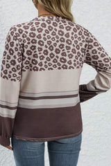 Coffee Plus Size Leopard Striped Long Sleeve Crew Neck Top Plus Size Long Sleeve Tops JT's Designer Fashion