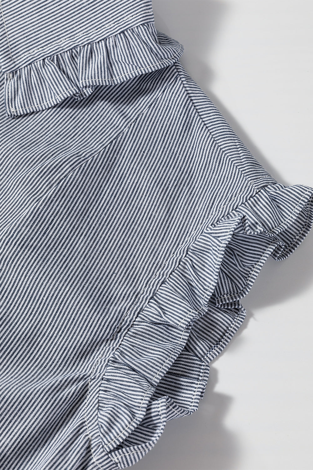 Blue Stripe Frilled Sleeveless Collar Front Pocket Button Up Mini Dress Mini Dresses JT's Designer Fashion