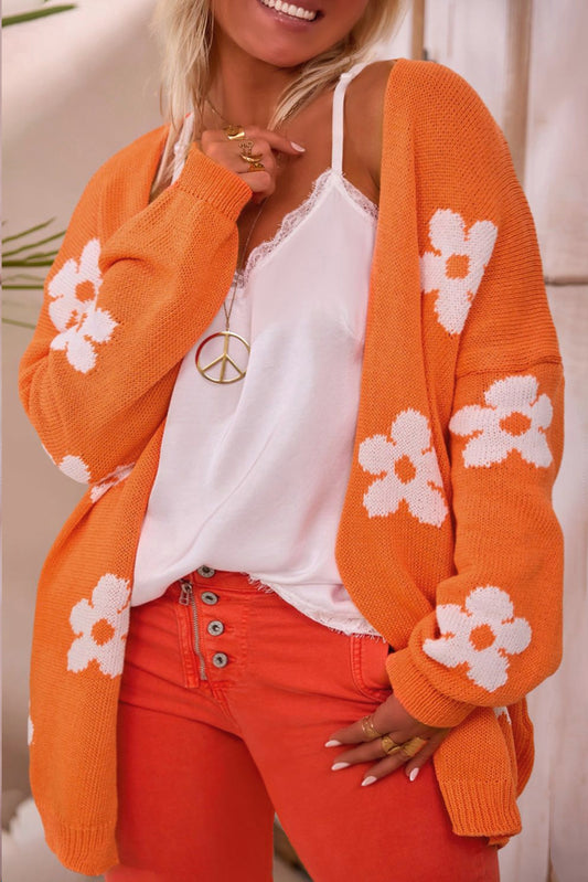 Orange Flower Pattern Drop Shoulder Plus Size Cardigan Orange 55%Acrylic+45%Cotton Plus Size Sweaters & Cardigans JT's Designer Fashion