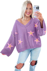 Lavendula Brushed Star Graphic V Neck Drop Shoulder Oversize Sweater Sweaters JT's Designer Fashion