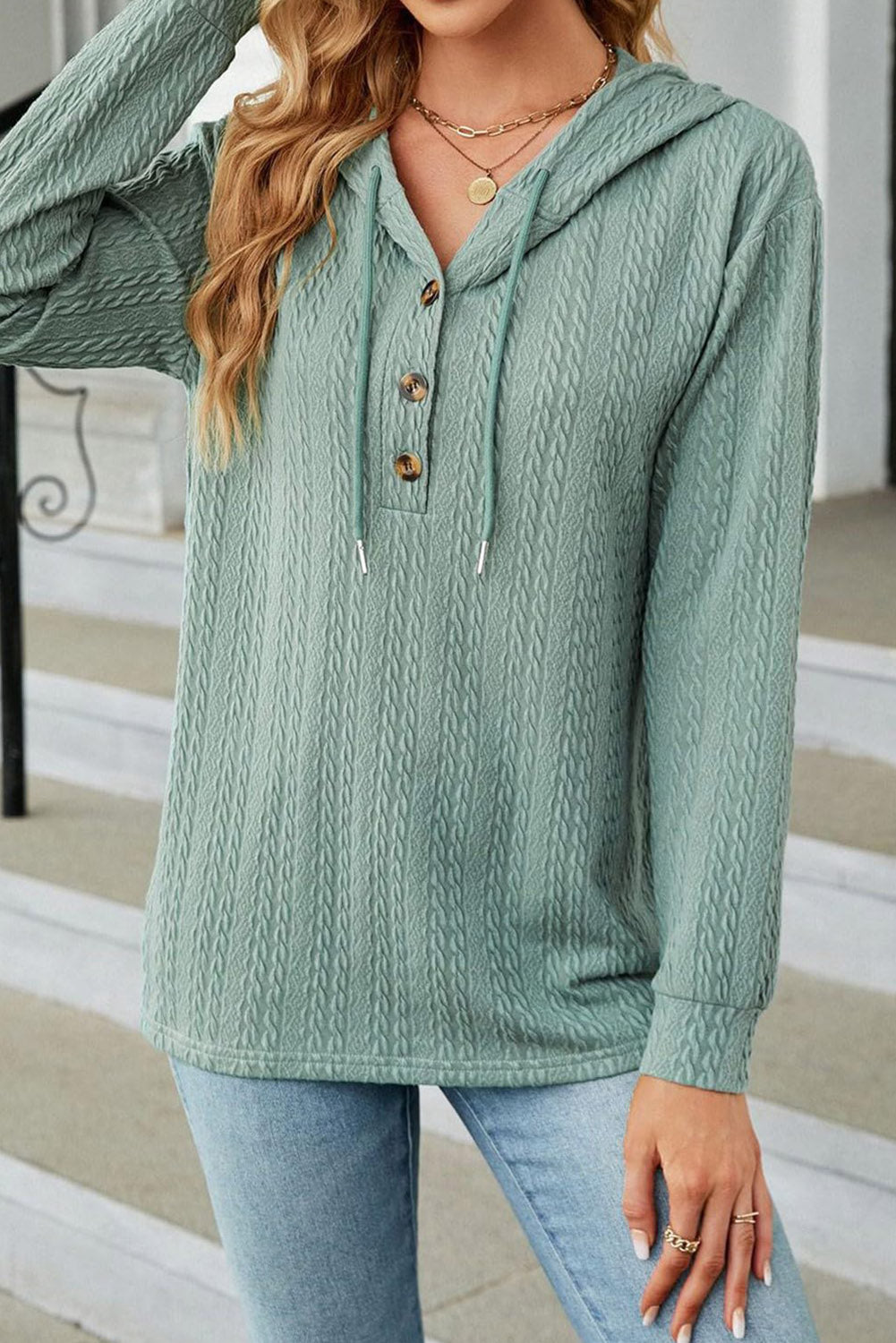 Mint Green Button Front Textured Drawstring Hooded Long Sleeve Top Long Sleeve Tops JT's Designer Fashion