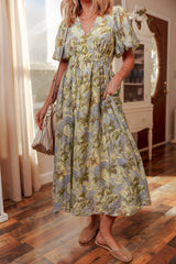 Multicolour Vintage Floral V Neck Short Puff Sleeve Long Dress Dresses JT's Designer Fashion
