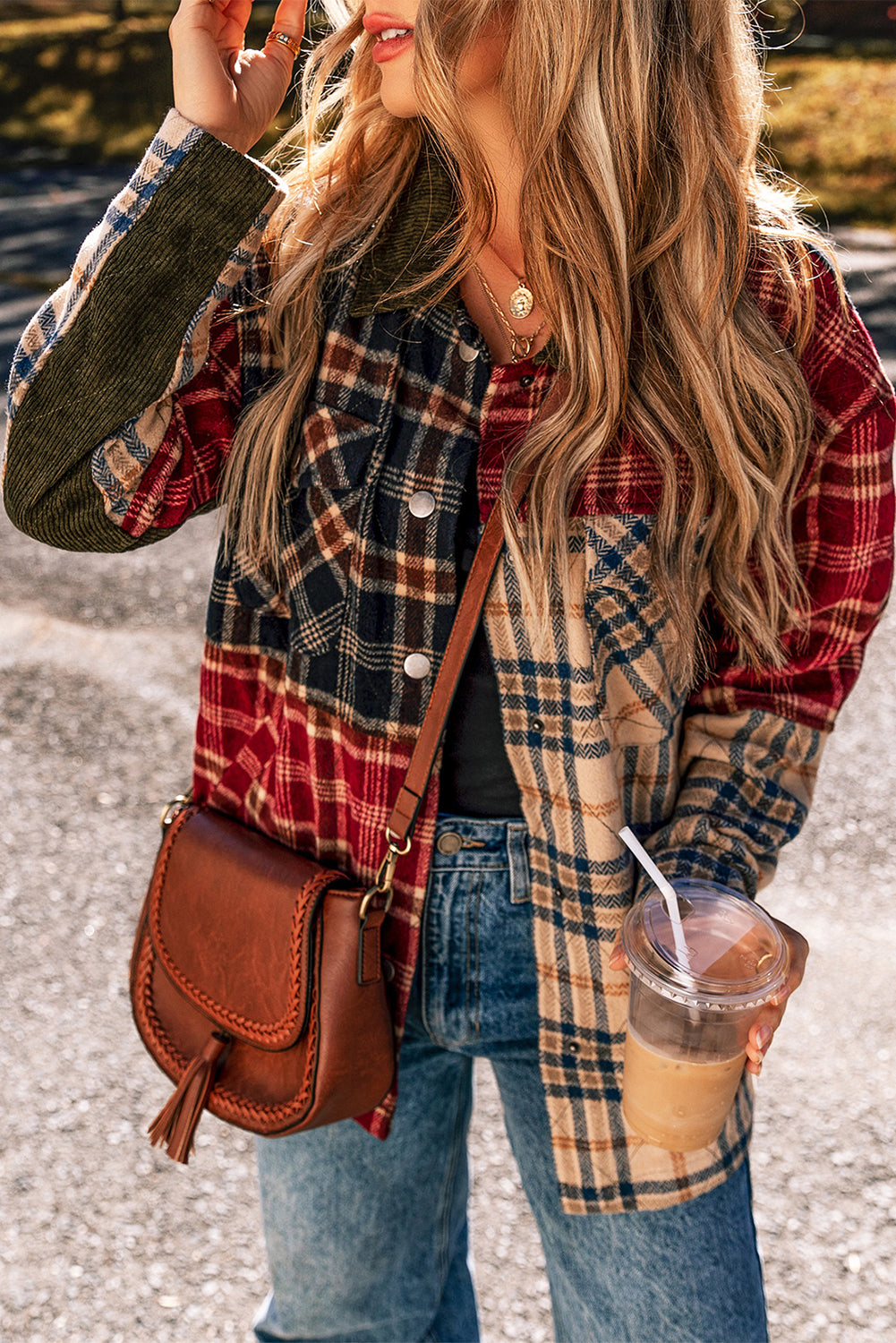 Red Mixed Plaid Patchwork Retro Shacket Plaid Shackets JT's Designer Fashion
