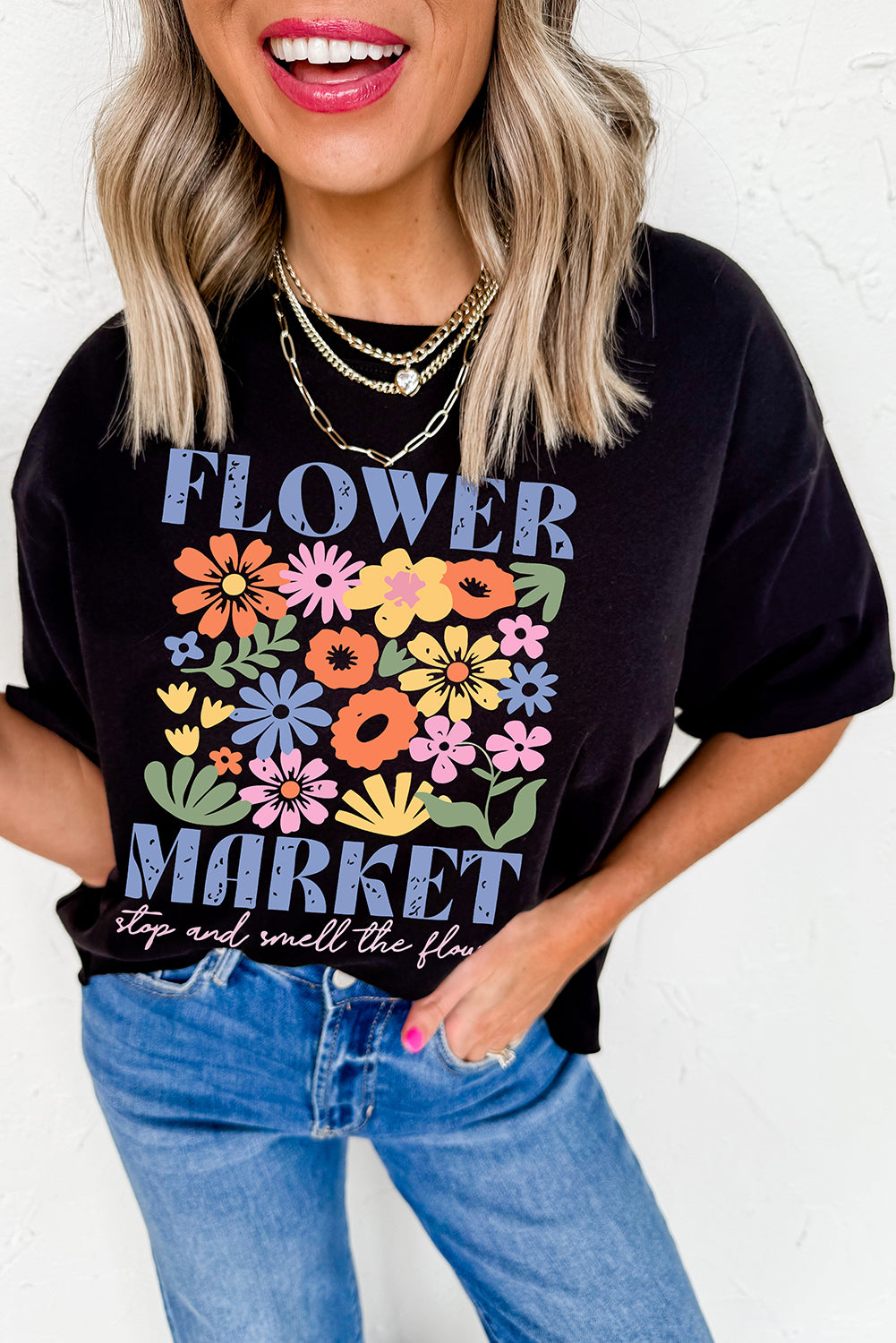 Black FLOWER MARKET Cotton Blend T Shirt Graphic Tees JT's Designer Fashion