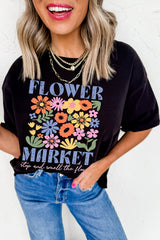 Black FLOWER MARKET Cotton Blend T Shirt Graphic Tees JT's Designer Fashion