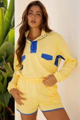 Yellow Color Block Patchwork Half Button Pullover and Shorts 2pcs Outfit Yellow 80%Polyester+20%Cotton Short Sets JT's Designer Fashion