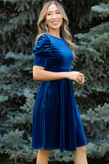 Sail Blue Velvet Ruched Short Sleeve Pocketed Mini Dress Mini Dresses JT's Designer Fashion