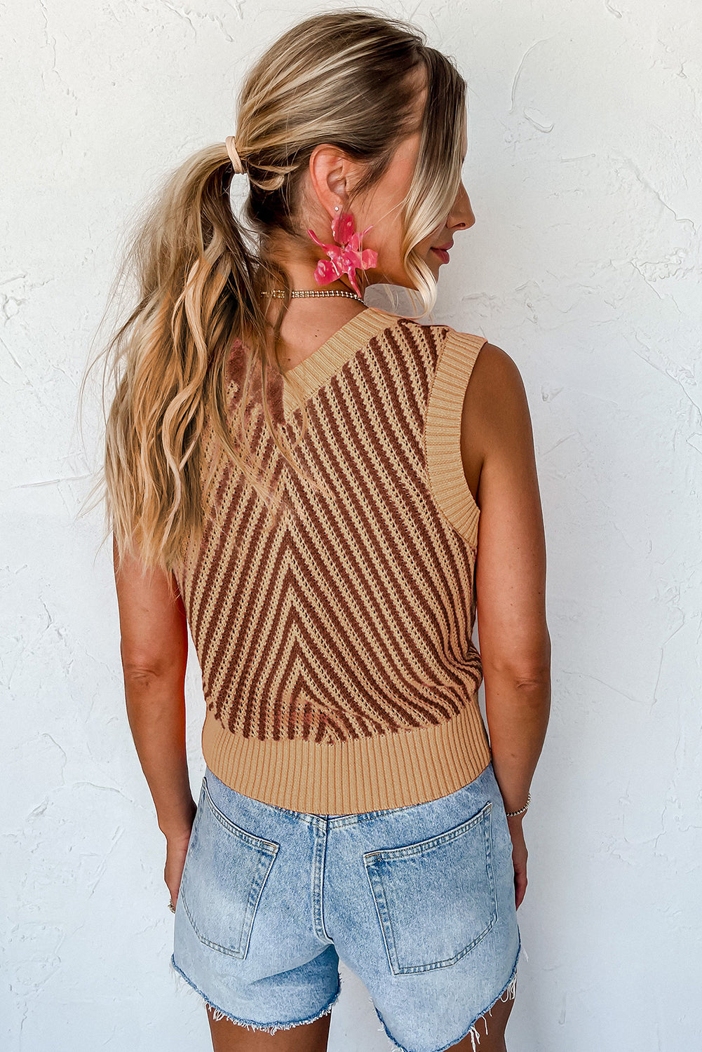 Light French Beige Contrast Chevron Knit V Neck Sweater Vest Sweaters & Cardigans JT's Designer Fashion
