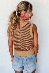 Light French Beige Contrast Chevron Knit V Neck Sweater Vest Sweaters & Cardigans JT's Designer Fashion