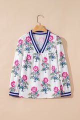 White Floral Print Striped V Neck Blouse Blouses & Shirts JT's Designer Fashion