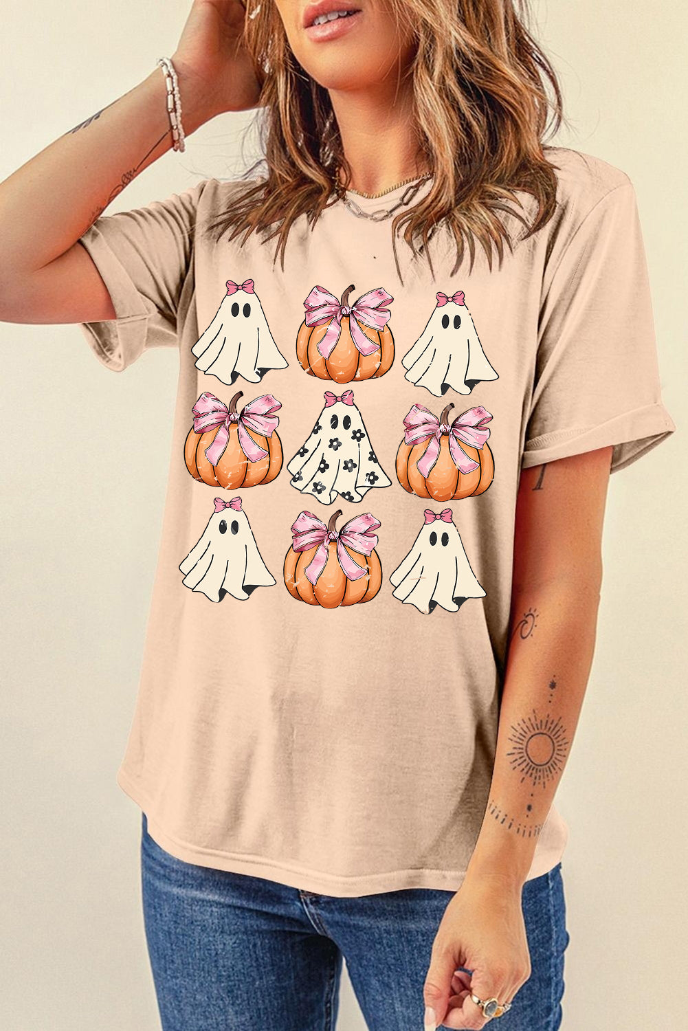 Khaki Bowknot Ghost Pumpkin Graphic Halloween T Shirt Graphic Tees JT's Designer Fashion