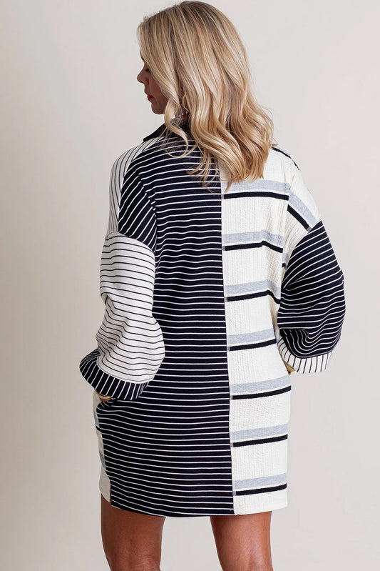 Black Stripe Colorblock Knit Henley Collar Shift Long Sleeve Mini Dress Mini Dresses JT's Designer Fashion