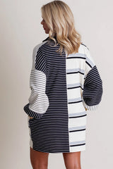 Black Stripe Colorblock Knit Henley Collar Shift Long Sleeve Mini Dress Mini Dresses JT's Designer Fashion