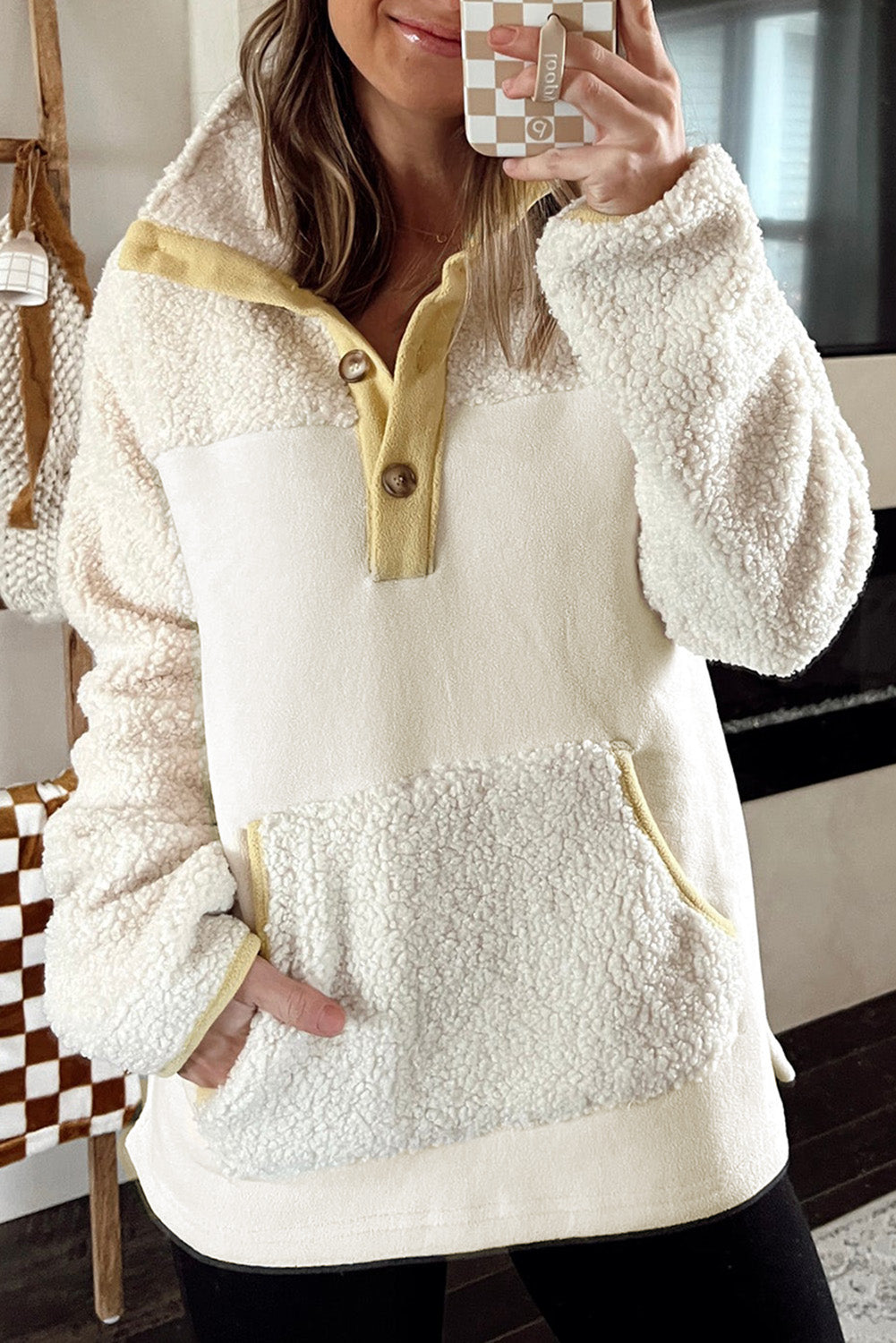 Beige Fleece Colorblock Trim Buttons Collar Sweatshirt with Pocket Sweatshirts & Hoodies JT's Designer Fashion
