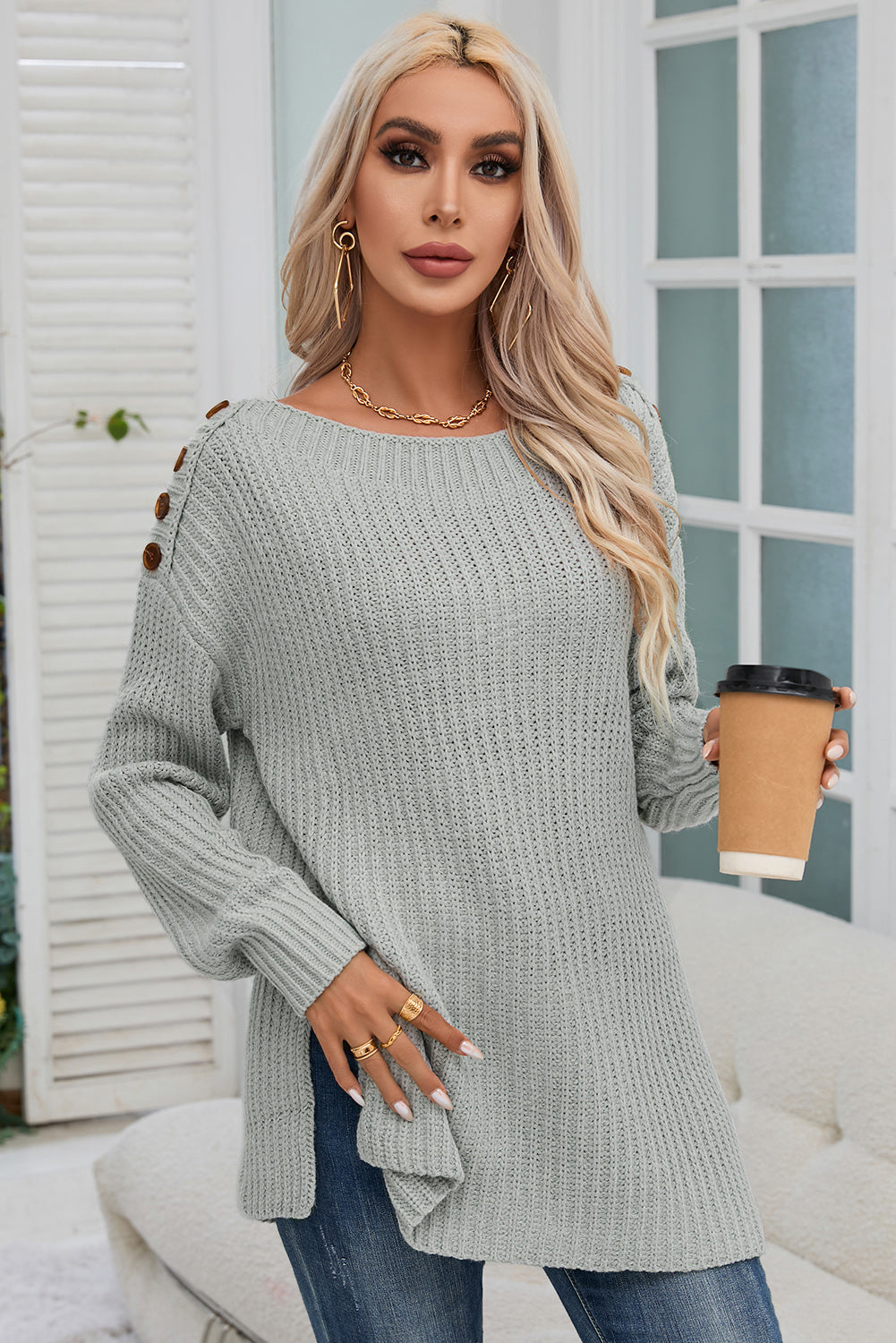 Gray Buttoned Drop Shoulder Oversized Sweater Sweaters & Cardigans JT's Designer Fashion