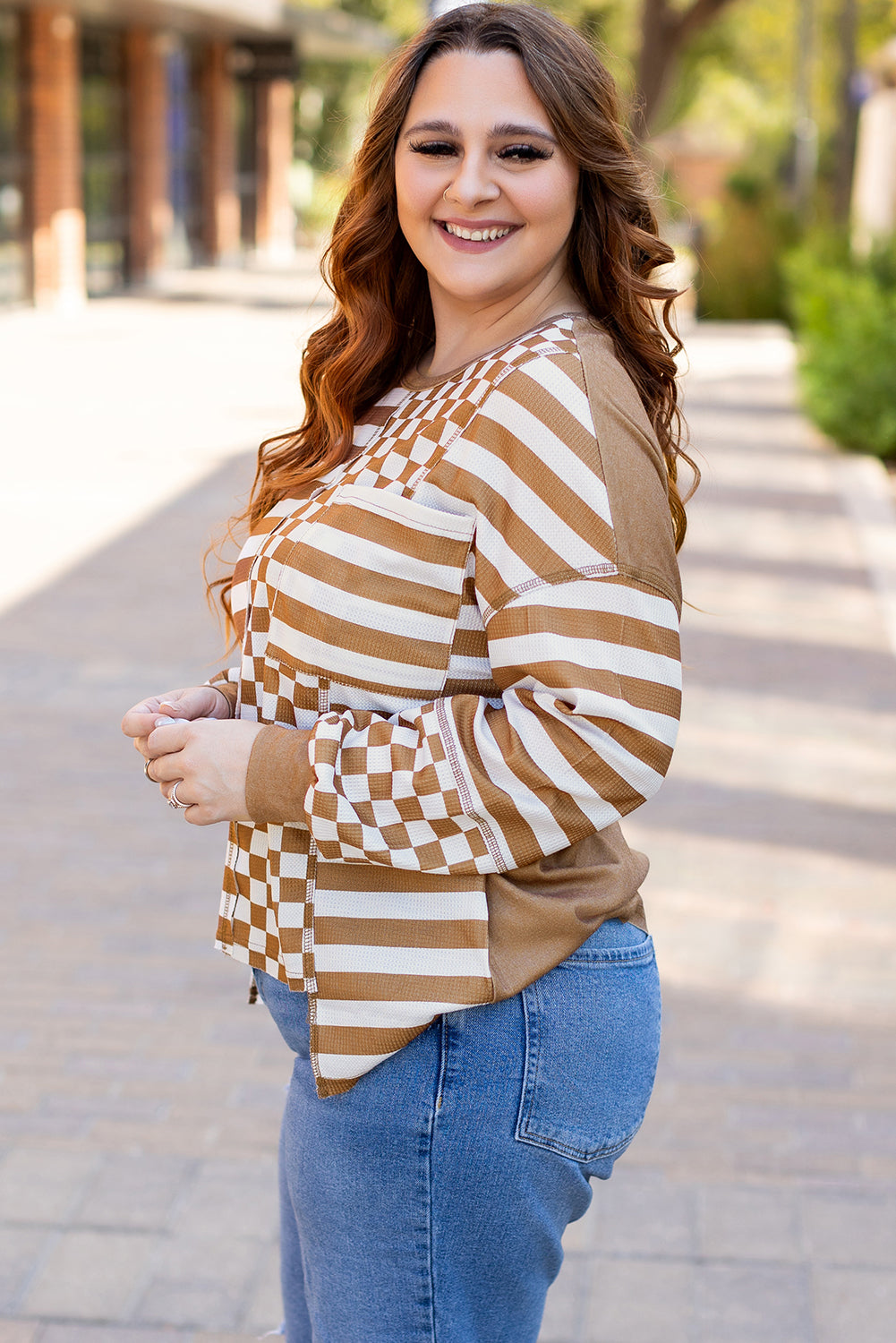 Khaki Striped Checkered Mixed Print Chest Pocket Casual Plus Size Top Plus Size Long Sleeve Tops JT's Designer Fashion