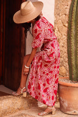 Red Paisley Print Side Slit Puff Sleeve High Waist Long Dress Maxi Dresses JT's Designer Fashion