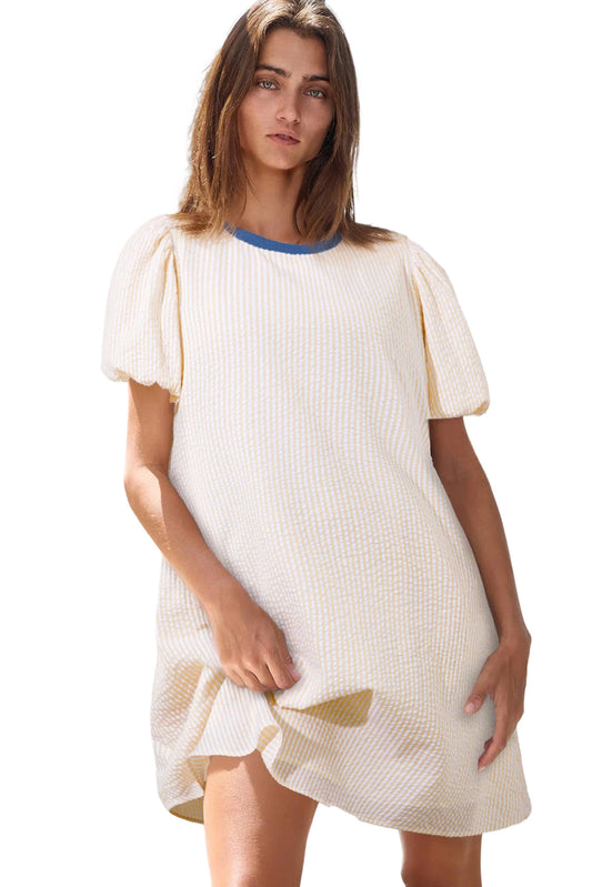 Beige Stripe Stripe Print Puff Sleeve Versatile Pullover Dress Dresses JT's Designer Fashion